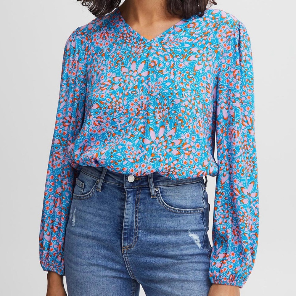 b.young Floral Long Sleeve Blouse Size 42 (US 12) Blue Pink Romantic Boho Top